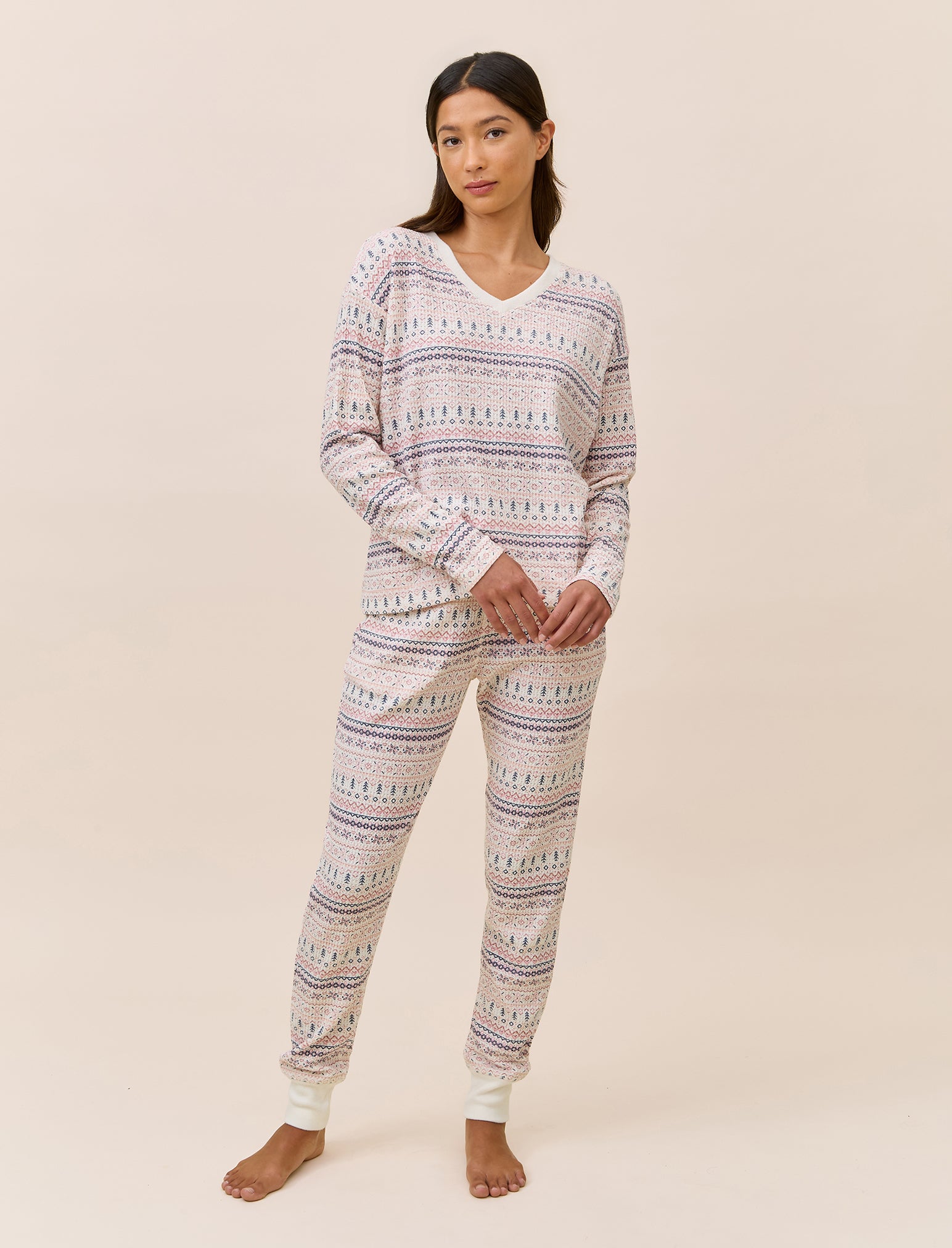 Fairisle Waffle Long Sleeve Top and Jogger Set