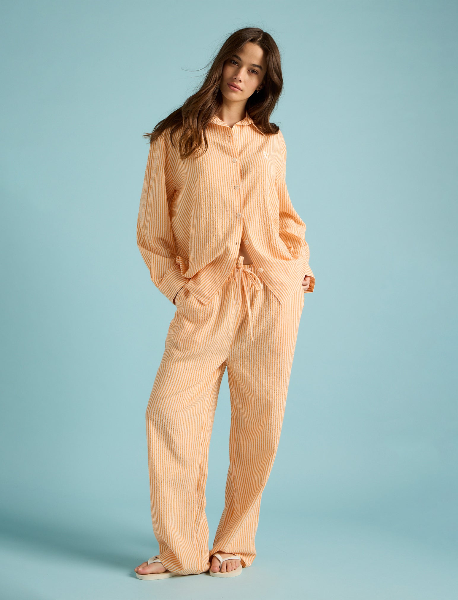 Karen Walker Seersucker Stripe Full Length PJ Set